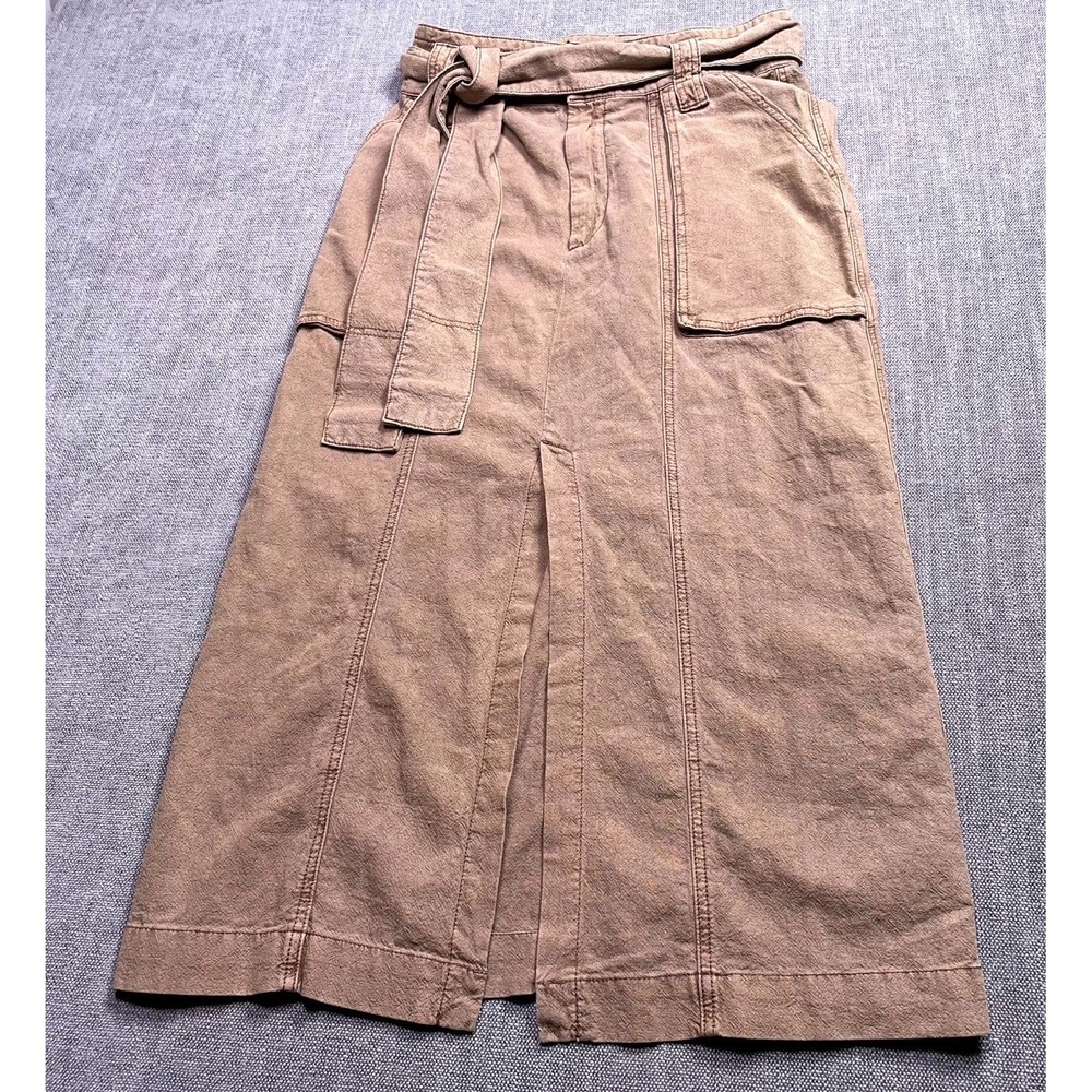 Free People Catching Feelings Midi A Line Skirt Womens 6 Brown Linen Belted
